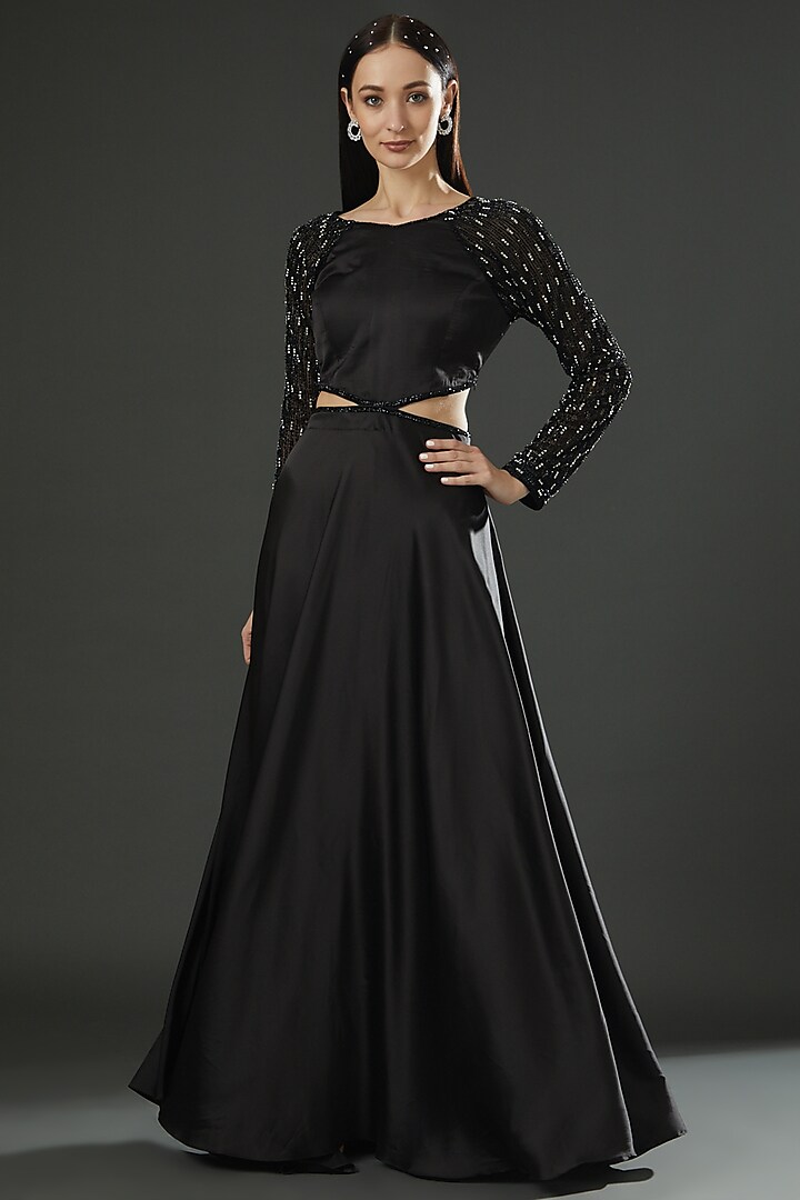 Black Satin Embroidered Gown by Dolly Nagpal at Pernia's Pop Up Shop