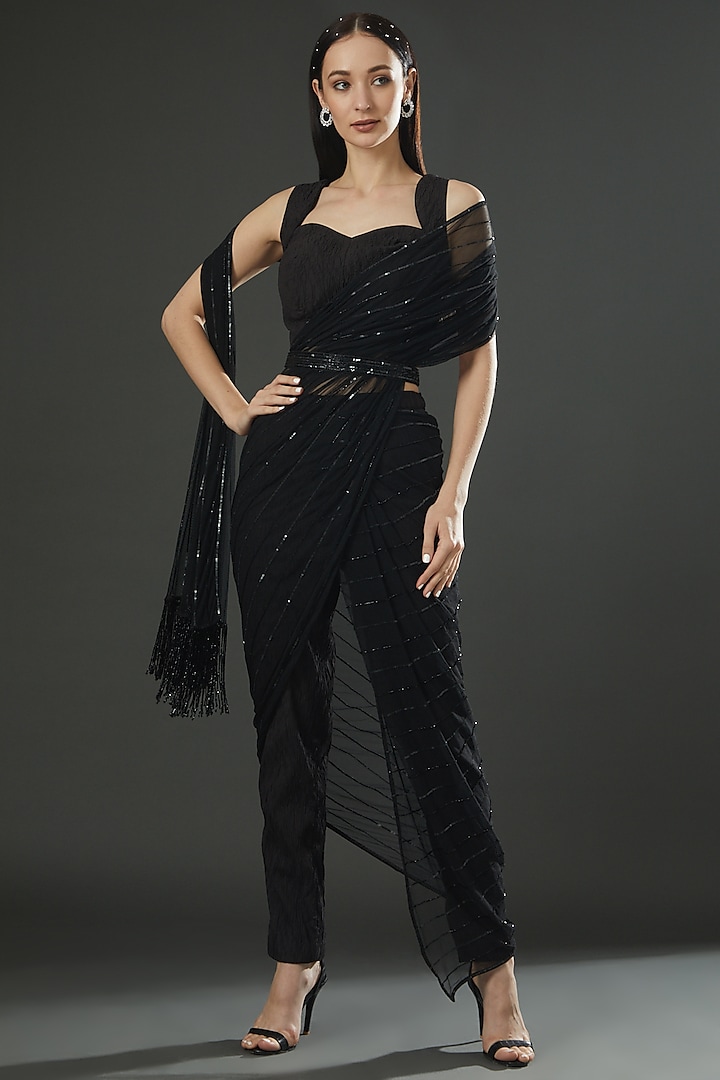 Black Pleated Fabric & Net Sequins Embroidered Pant Saree Set by Dolly Nagpal
