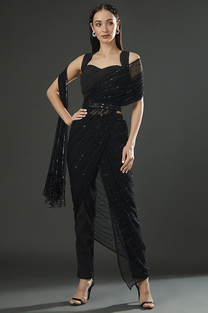 Black Pleated Fabric & Net Sequins Embroidered Pant Saree Set by Dolly Nagpal at Pernia's Pop Up Shop