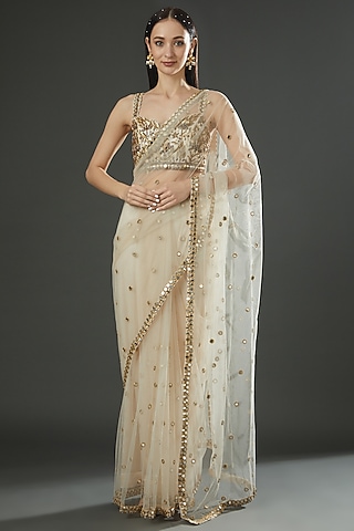 Nude Net Cutdana Embroidered Saree Set by Dolly Nagpal