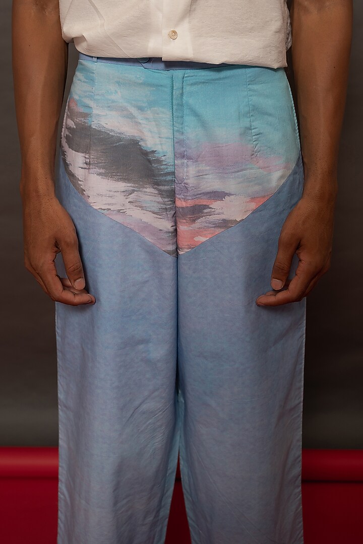 Blue Cotton Poplin Printed Pants by DO/NO at Pernia's Pop Up Shop