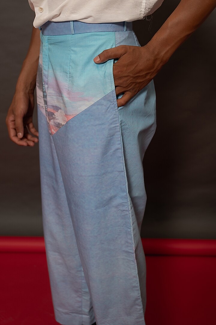 Blue Cotton Poplin Printed Pants by DO/NO at Pernia's Pop Up Shop