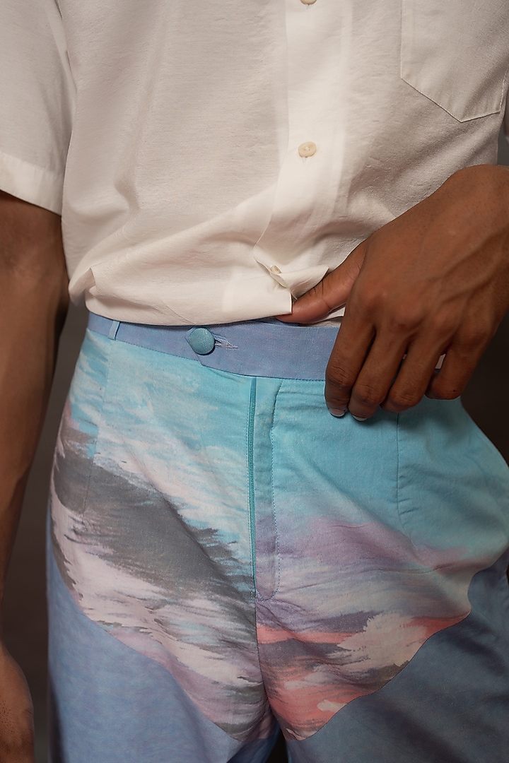 Blue Cotton Poplin Printed Pants by DO/NO at Pernia's Pop Up Shop