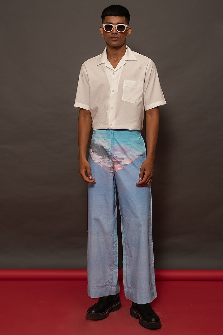 Blue Cotton Poplin Printed Pants by DO/NO at Pernia's Pop Up Shop
