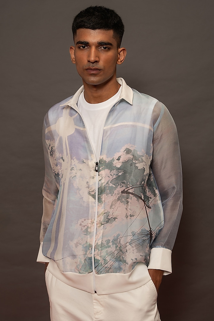 Blue Silk Organza Printed Oversized Jacket by DO/NO