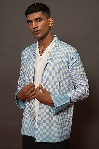 Blue Silk Chanderi Check Printed Shirt by DO/NO