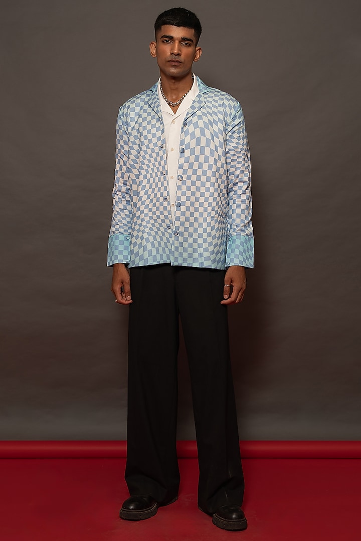 Blue Silk Chanderi Check Printed Summer Shirt by DO/NO at Pernia's Pop Up Shop