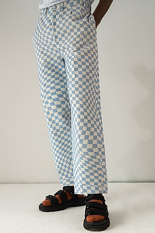 Blue Cotton Corduroy Check Printed Pants by DO/NO