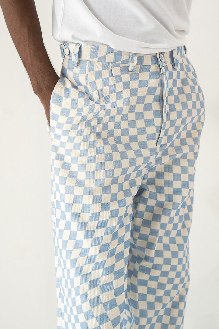 Blue Cotton Corduroy Check Printed Pants by DO/NO at Pernia's Pop Up Shop