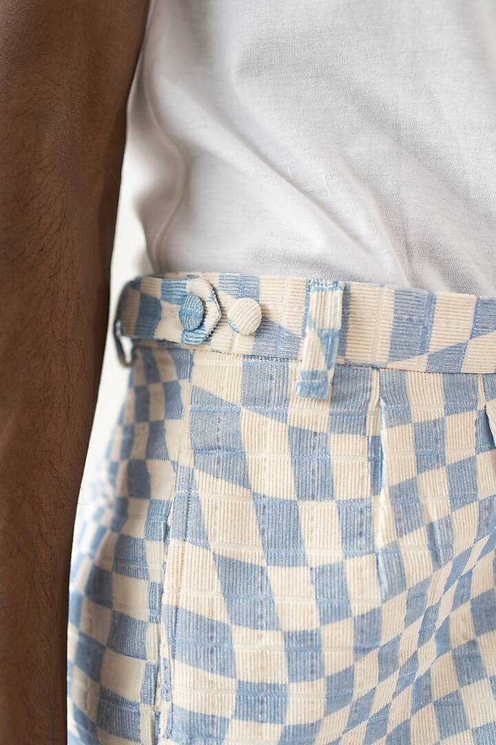 Blue Cotton Corduroy Check Printed Pants by DO/NO at Pernia's Pop Up Shop