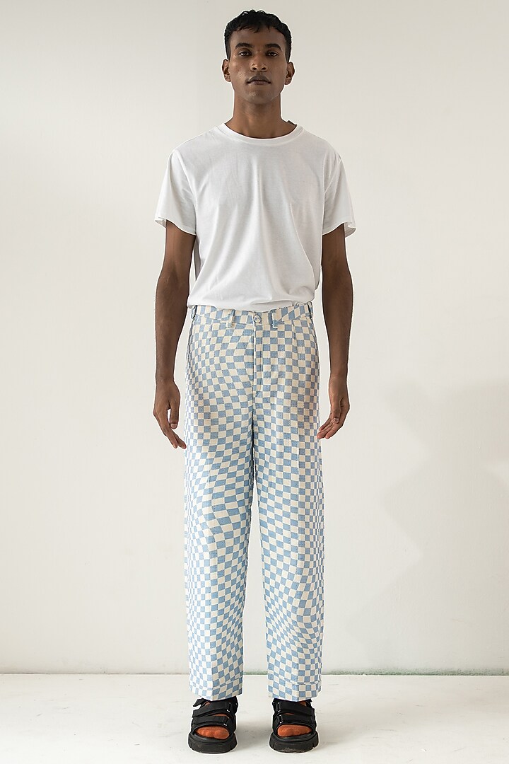 Blue Cotton Corduroy Check Printed Pants by DO/NO at Pernia's Pop Up Shop