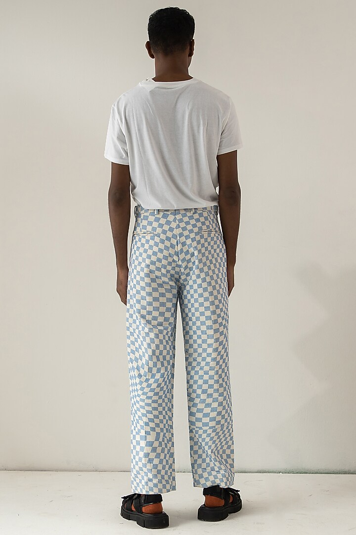 Blue Cotton Corduroy Check Printed Pants by DO/NO at Pernia's Pop Up Shop