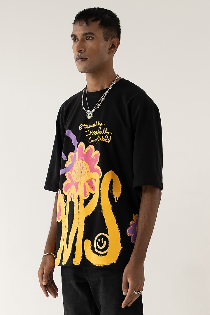 Black Cotton Lycra Printed Oversized T-Shirt by DO/NO