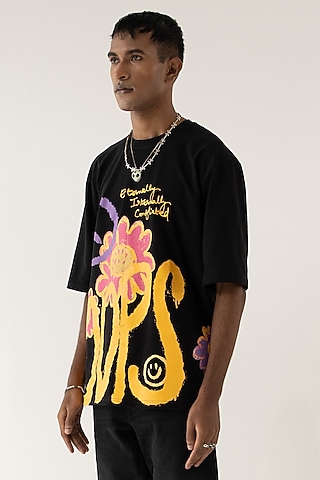 Black Cotton Lycra Printed Oversized T-Shirt by DO/NO