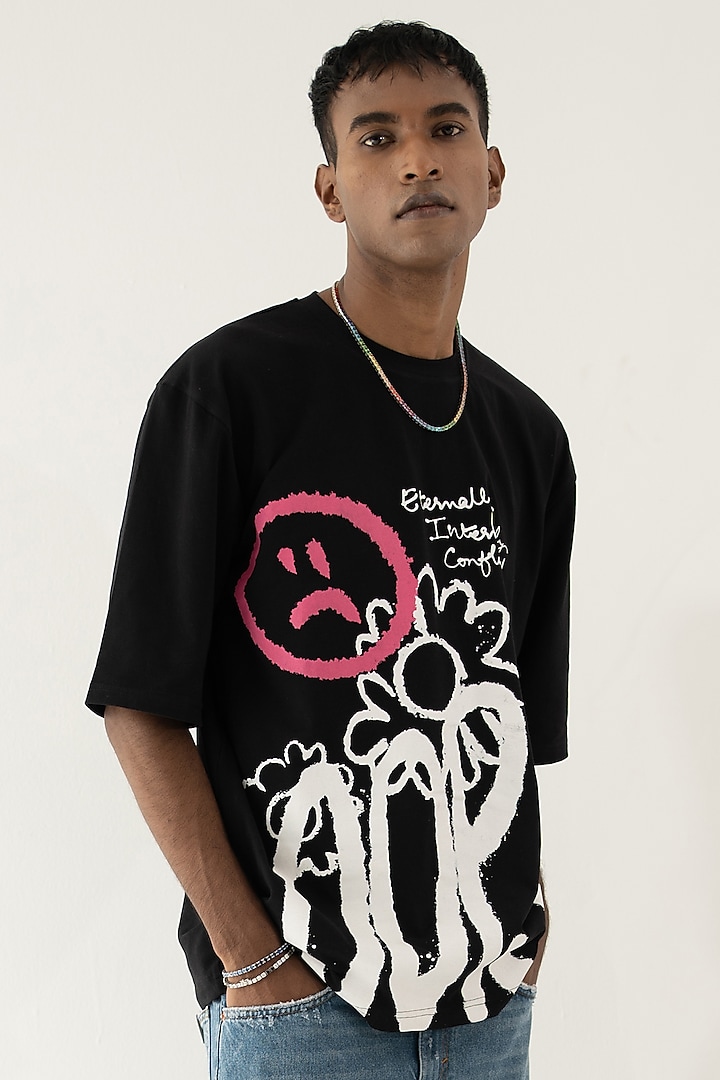 Black Cotton Lycra Printed Oversized T-Shirt by DO/NO