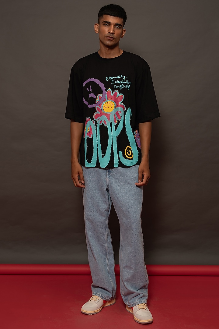 Black Cotton Lycra Printed Oversized T-Shirt by DO/NO at Pernia's Pop Up Shop