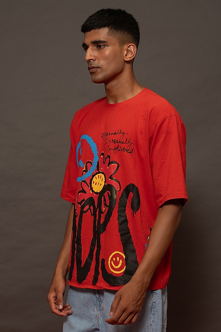 Red Cotton Lycra Printed Oversized T-Shirt by DO/NO