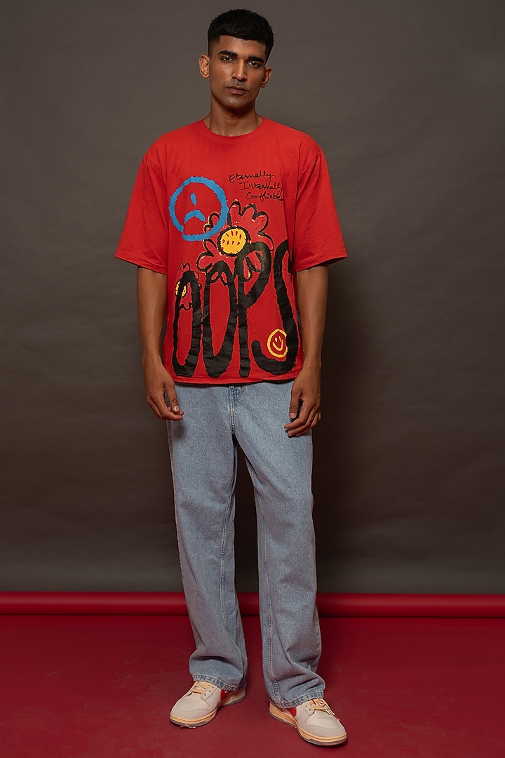 Red Cotton Lycra Printed Oversized T-Shirt by DO/NO at Pernia's Pop Up Shop