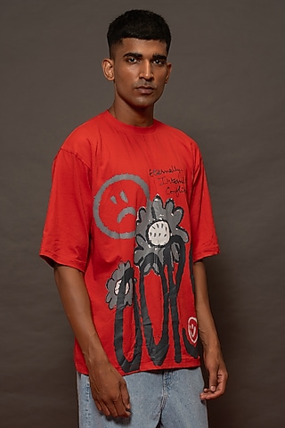 Red Cotton Lycra Printed Oversized T-Shirt by DO/NO