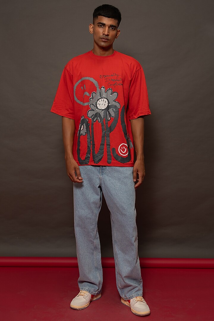 Red Cotton Lycra Printed Oversized T-Shirt by DO/NO at Pernia's Pop Up Shop