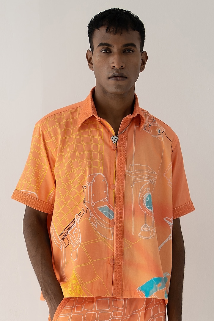 Orange Cotton Satin Printed Oversized Shirt by DO/NO