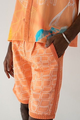 Orange Cotton Satin Printed Shorts by DO/NO