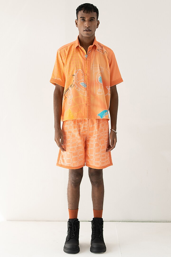 Orange Cotton Satin Printed Shorts by DO/NO at Pernia's Pop Up Shop