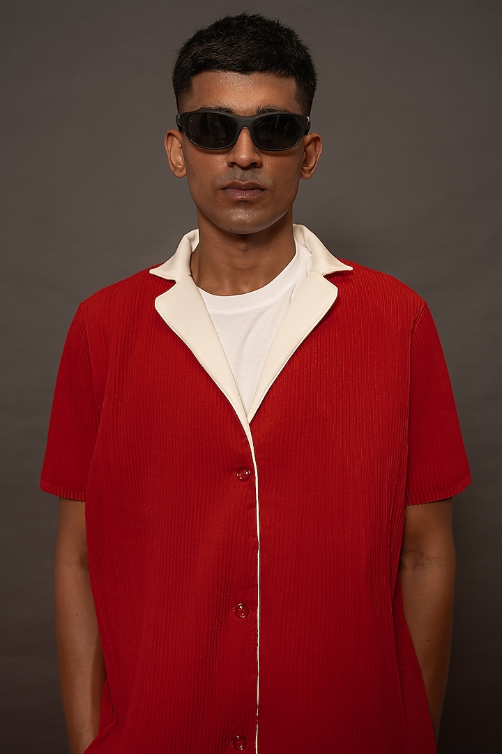 Red Crepe Oversized Party Wear Shirt by DO/NO at Pernia's Pop Up Shop