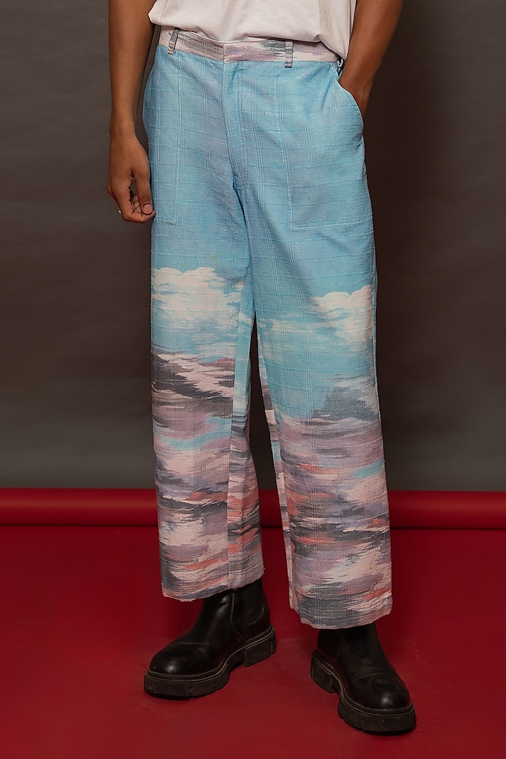 Blue Cotton Corduroy Printed Pants by DO/NO