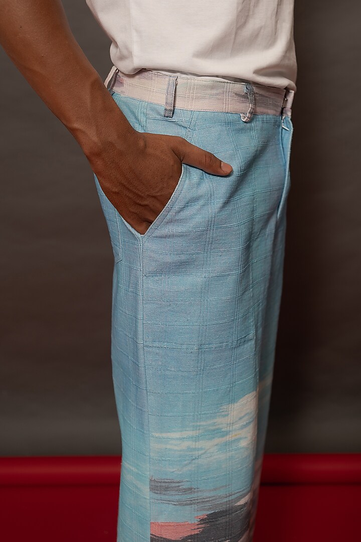 Blue Cotton Corduroy Printed Pants by DO/NO at Pernia's Pop Up Shop