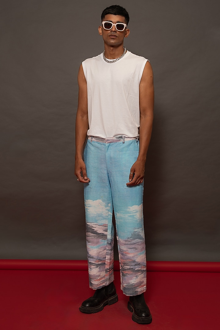 Blue Cotton Corduroy Printed Pants by DO/NO at Pernia's Pop Up Shop