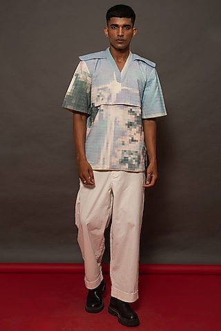 Blue Cotton Corduroy Printed Shirt by DO/NO