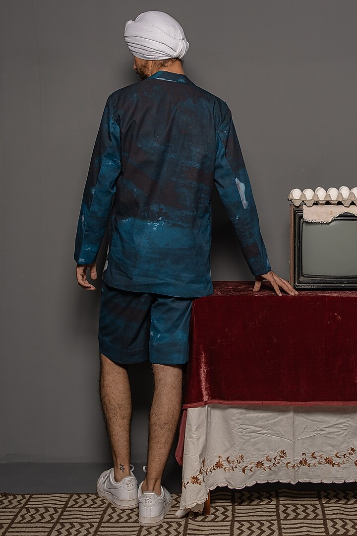 Navy Blue Cotton Digital Printed Shorts by DO/NO at Pernia's Pop Up Shop