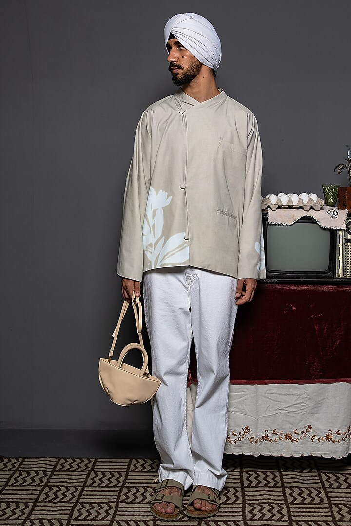 Beige Cotton Satin Digital Printed Party Wear Shirt by DO/NO at Pernia's Pop Up Shop