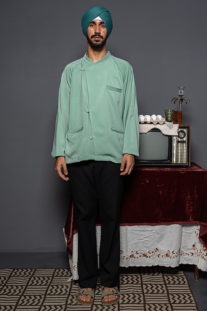 Green Textured Crepe Blend Shirt by DO/NO