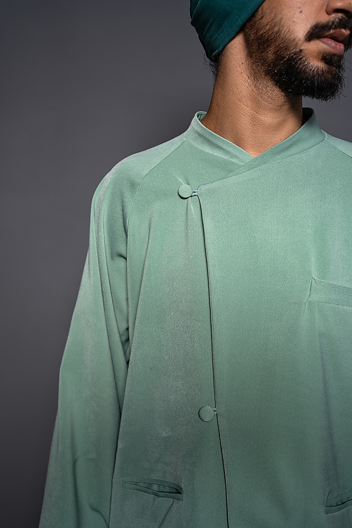Green Textured Crepe Blend Party Wear Shirt by DO/NO at Pernia's Pop Up Shop