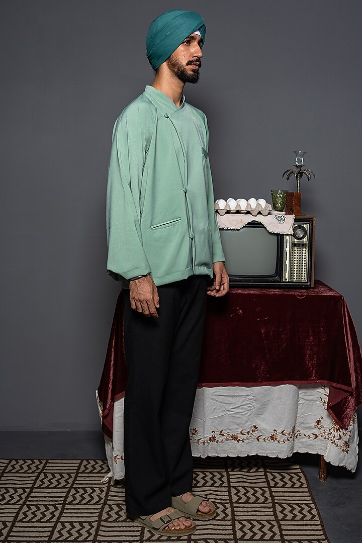 Green Textured Crepe Blend Party Wear Shirt by DO/NO at Pernia's Pop Up Shop