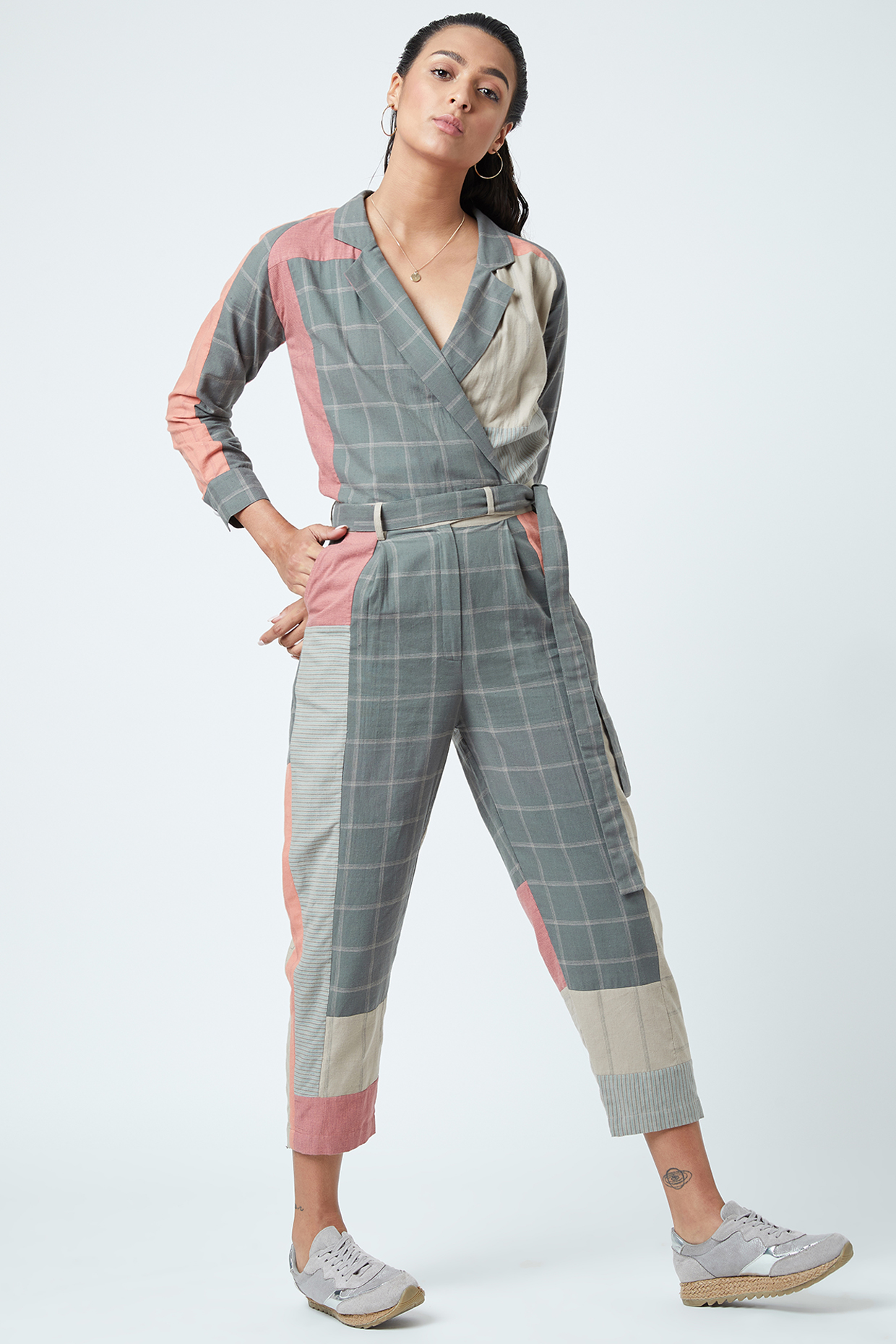 grey checkered jumpsuit