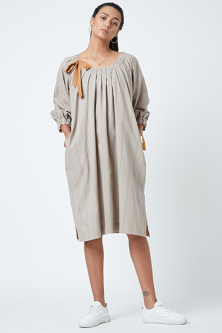 Beige Printed Striped Pleated Dress by Doodlage