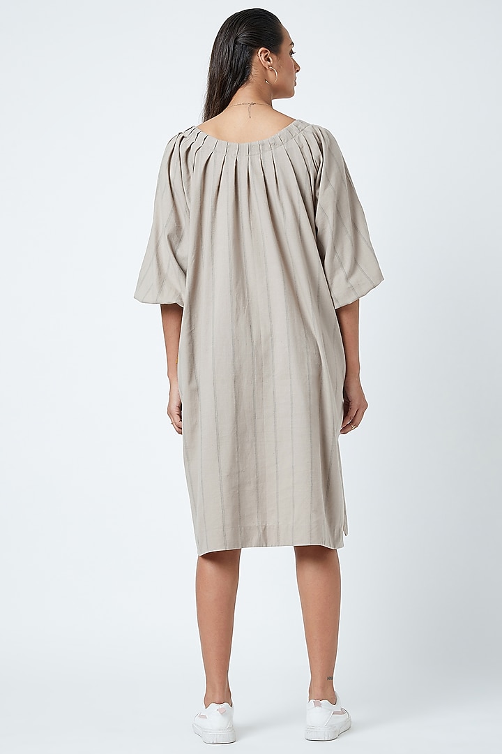 Beige Printed Striped Pleated Summer Dress by Doodlage at Pernia's Pop Up Shop