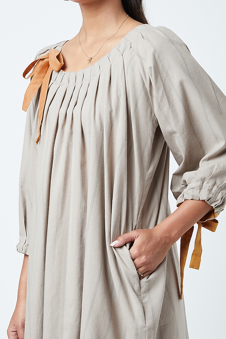 Beige Printed Striped Pleated Summer Dress by Doodlage at Pernia's Pop Up Shop