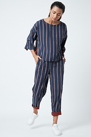 Cobalt Blue Printed Striped Oversized Top by Doodlage