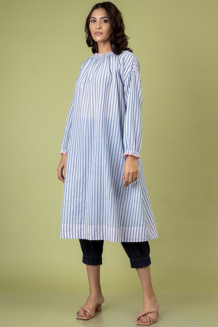 White & Blue Upcycled Cotton Tunic by Doodlage at Pernia's Pop Up Shop