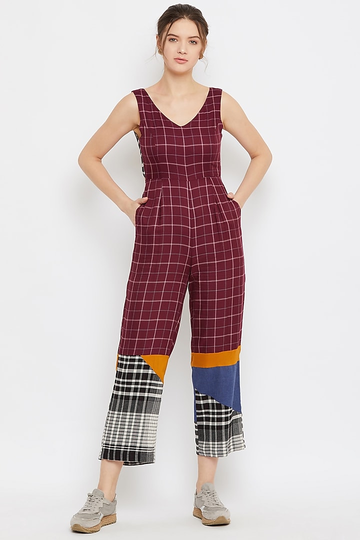 Red Pleated Tie-Up Jumpsuit by Doodlage