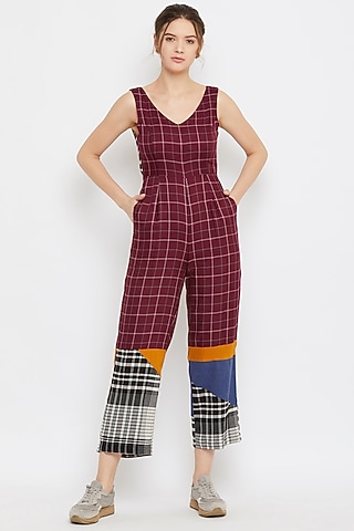 Red Pleated Tie-Up Jumpsuit by Doodlage