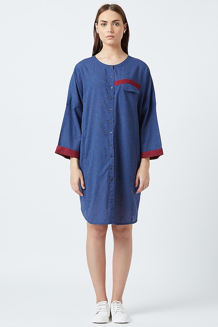 Blue Open Shirt Dress With Gathers by Doodlage