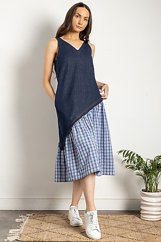 Blue Upcycled Cotton Gathered Dress by Doodlage