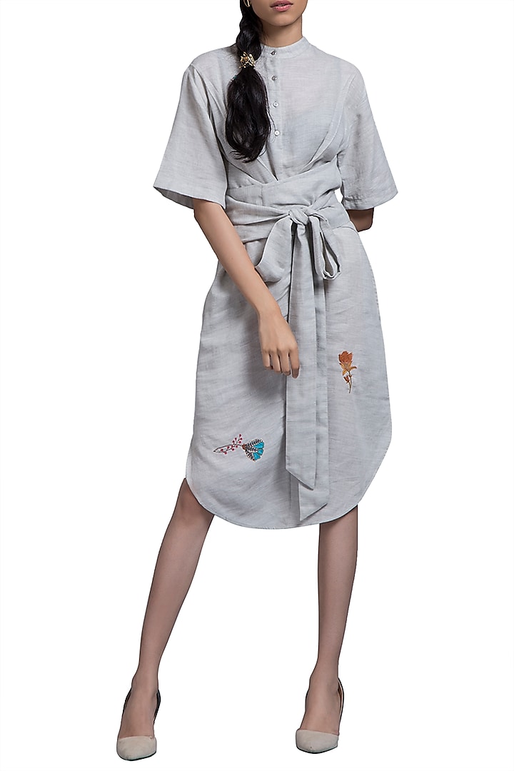 Grey Embroidered Pleated Dress by Doodlage