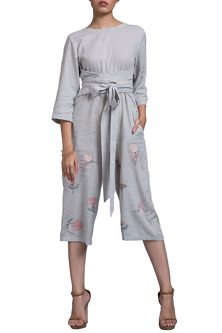 Grey Embroidered Jumpsuit With Front Knot by Doodlage