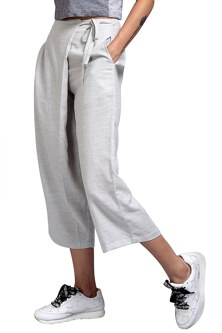 Grey Overlap Trouser Pants With Belt by Doodlage at Pernia's Pop Up Shop